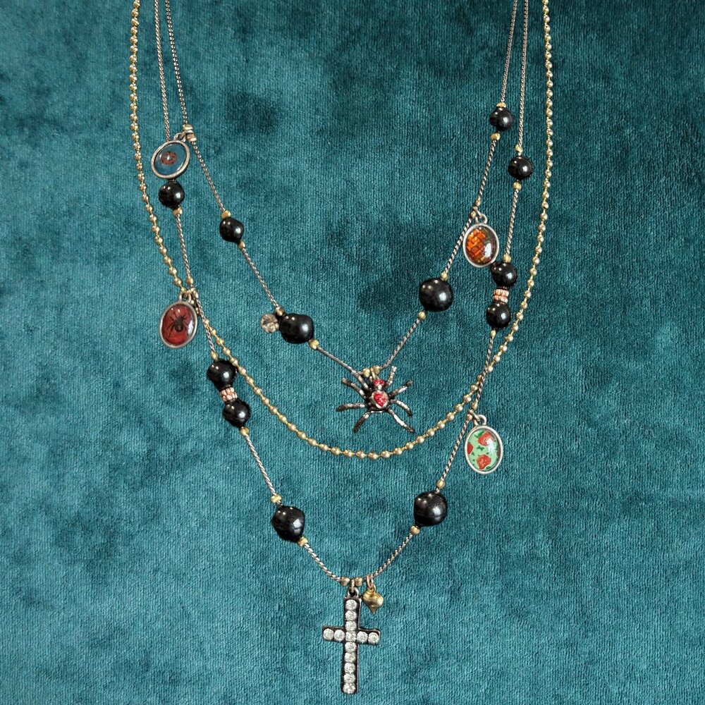 VINTAGE BETSEY JOHNSON SPIDER CROSS LAYERED NECKLACE